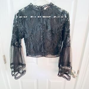 Goth Sheer Lace Crop top Womens Small Black Bell Sleeve Cropped Whimsigoth